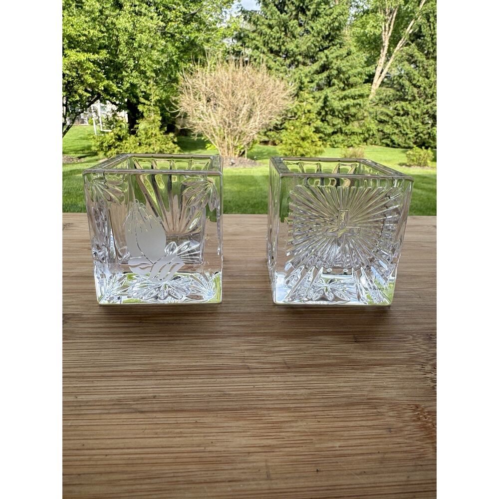 Waterford Crystal Christianity Cube Votive Candleholder Cross & Praying Hand~2pc